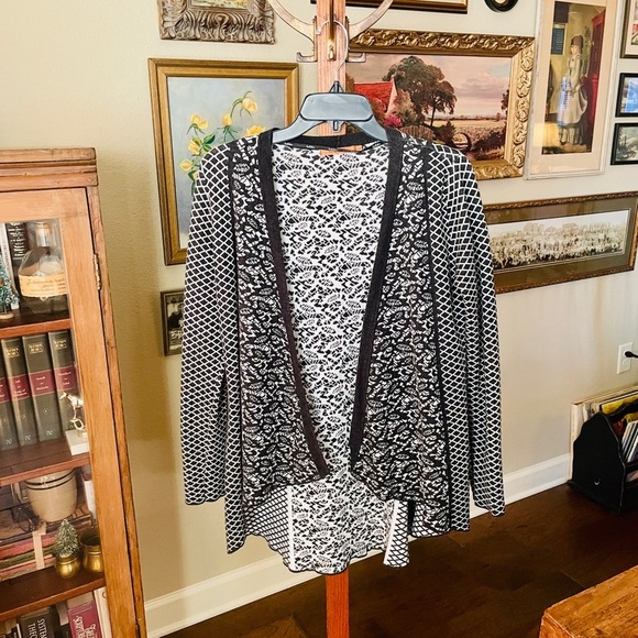 Belldini draped open front cardigan long sleeve cotton blend SZ M black white - Picture 2 of 9